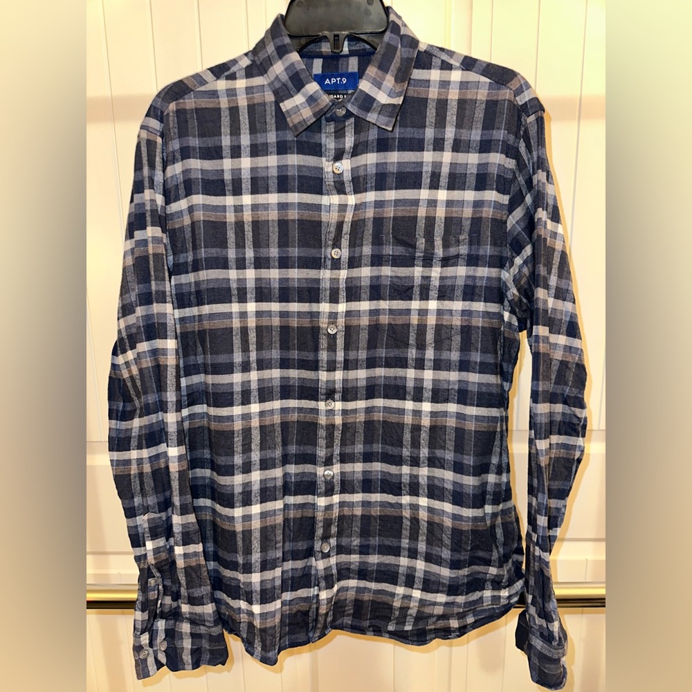 Apt. 9 plaid button down. Super comfy. Runs short, in my opinion.